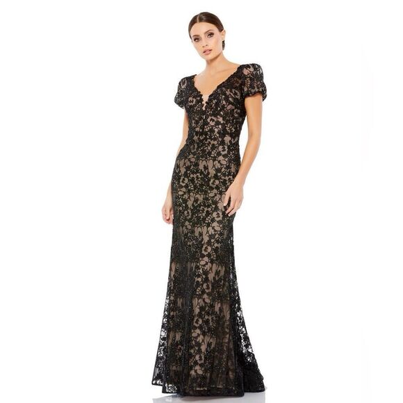 NEW MAC DUGGAL LACE PLUNGE NECK SHORT PUFF SLEEVE TRUMPET GOWN Sz 12 $698 - Picture 1 of 4